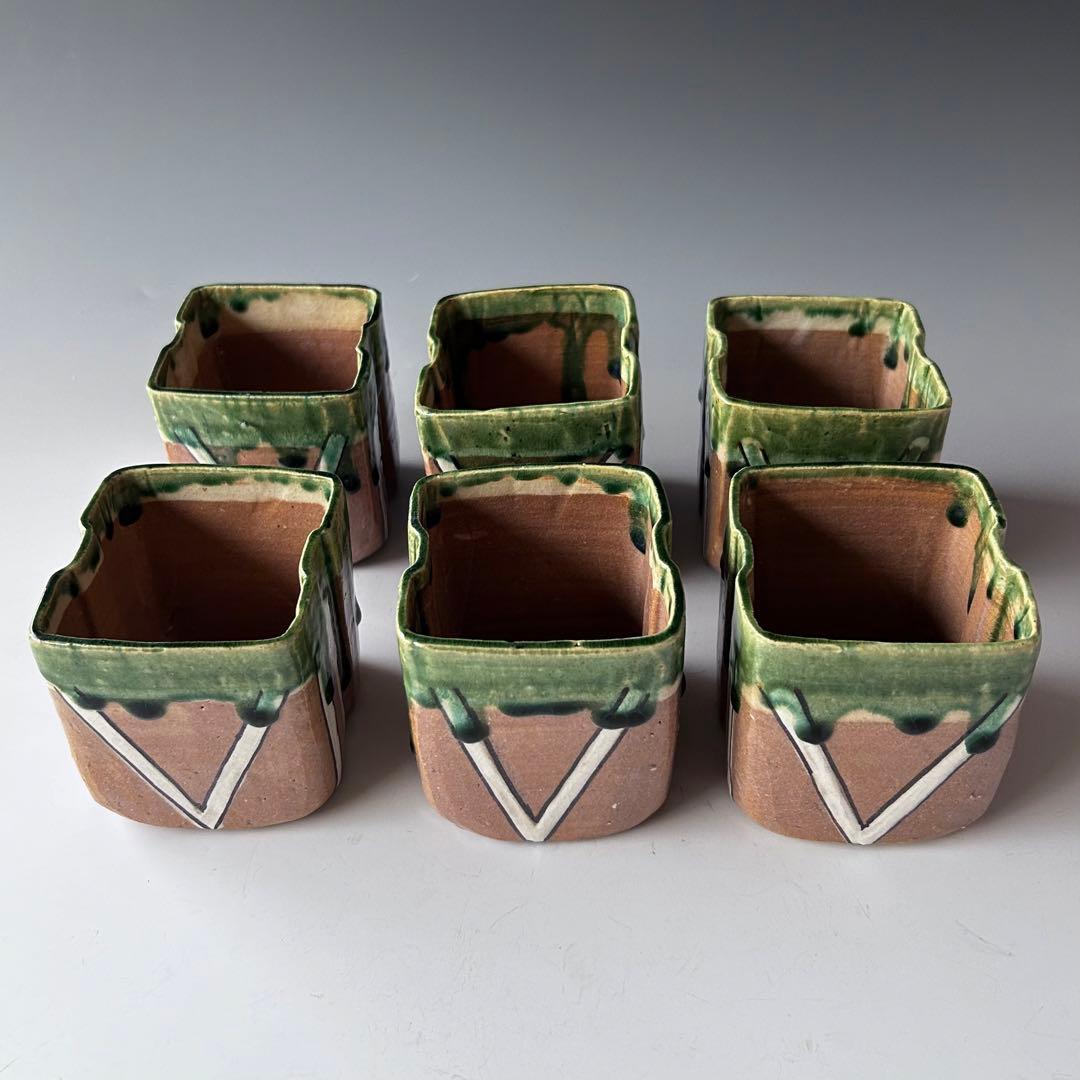 茶道具　鳴海織部　角形　深向付　六客組　加藤十右衛門　共箱　美濃　オリベ　懐石