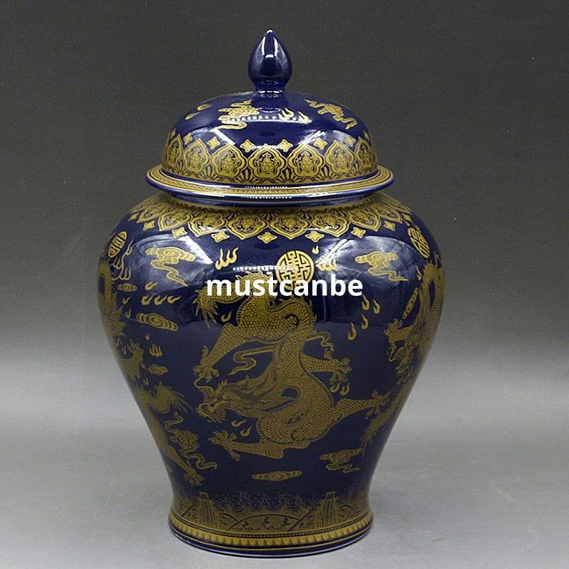 大清乾隆宝石藍蒔金竜紋将軍缶 景徳鎮 陶磁器 装飾品 現代工芸品 美術品 置物
