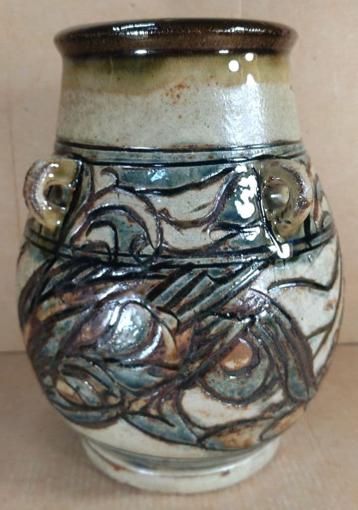 【本物保証】金城次郎 魚紋海老紋四ツ耳花瓶 共箱 栞 人間国宝 美品 壷屋焼
