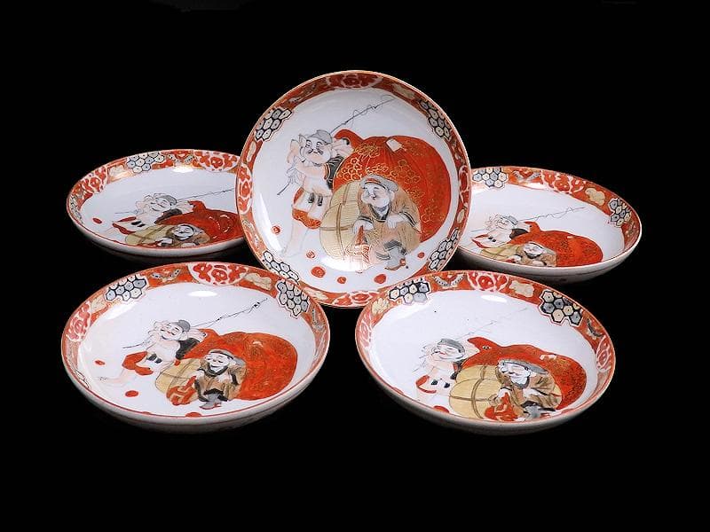 九谷焼　恵比寿大黒の図　橋田画　４寸皿　５枚　C317AS-COg