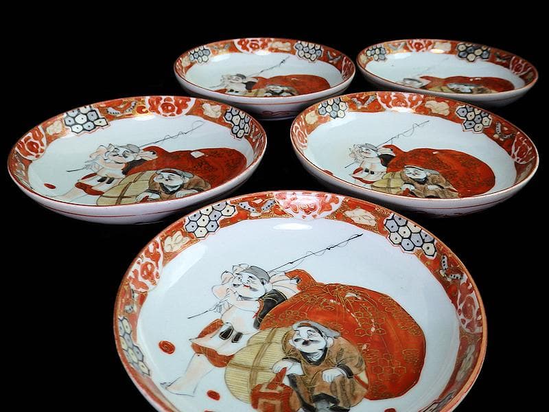 九谷焼　恵比寿大黒の図　橋田画　４寸皿　５枚　C317AS-COg