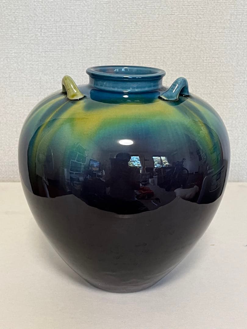 柳雨軒 三代 人間国宝 徳田八十吉（正彦銘）碧明釉 耳付壺　T128