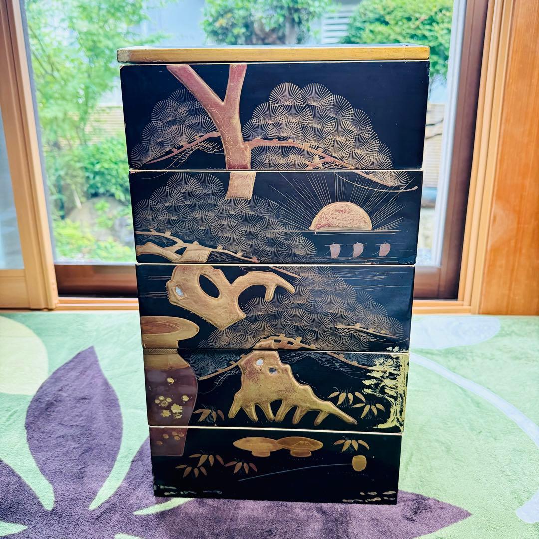 漆器　輪島塗　沈金　蒔絵　螺鈿　木製　五段　重箱　時代品