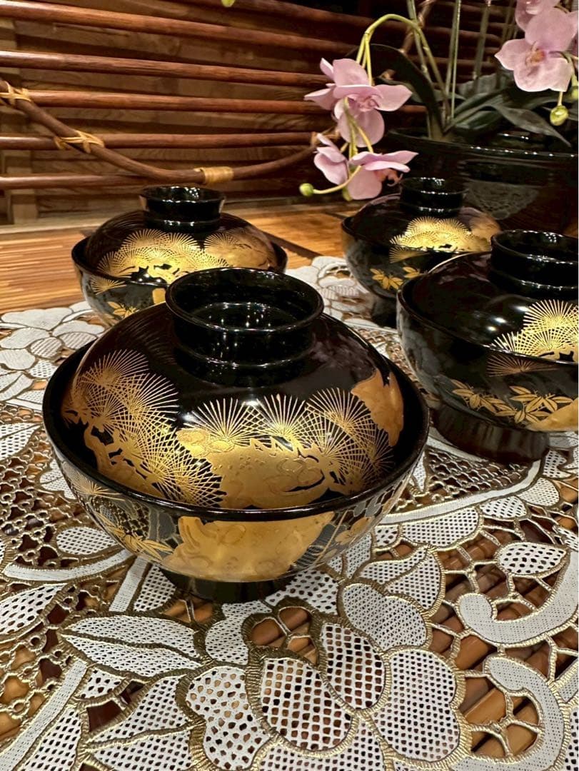 未使用 最高級 特選漆器 会津塗 吸物椀 セット 金彩 松竹梅