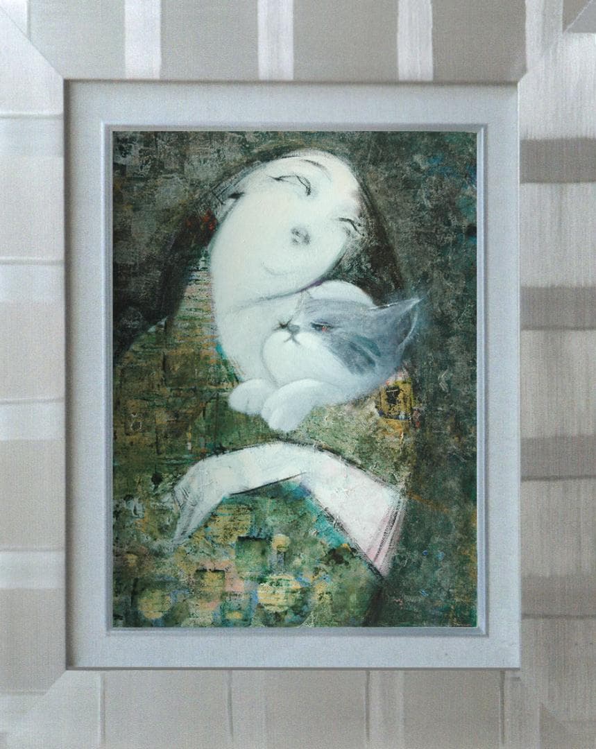 油絵 菅家令子絵 絵画インテリア額付(青緑＋金色の枠)F4-030719祈り母子