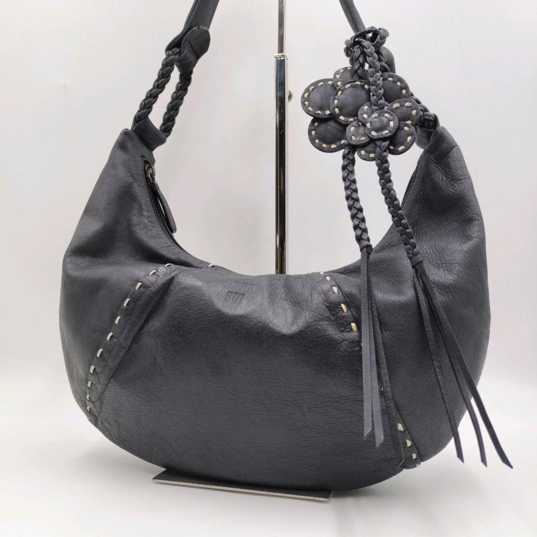 アナスイ 三日月 レザー ワンショルダーバッグ 黒 フラワーモチーフ