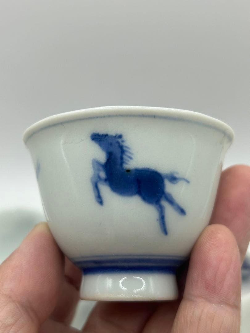 時代　京焼　栄山作　染付馬紋湯呑み7点　煎茶器　送料込み0831