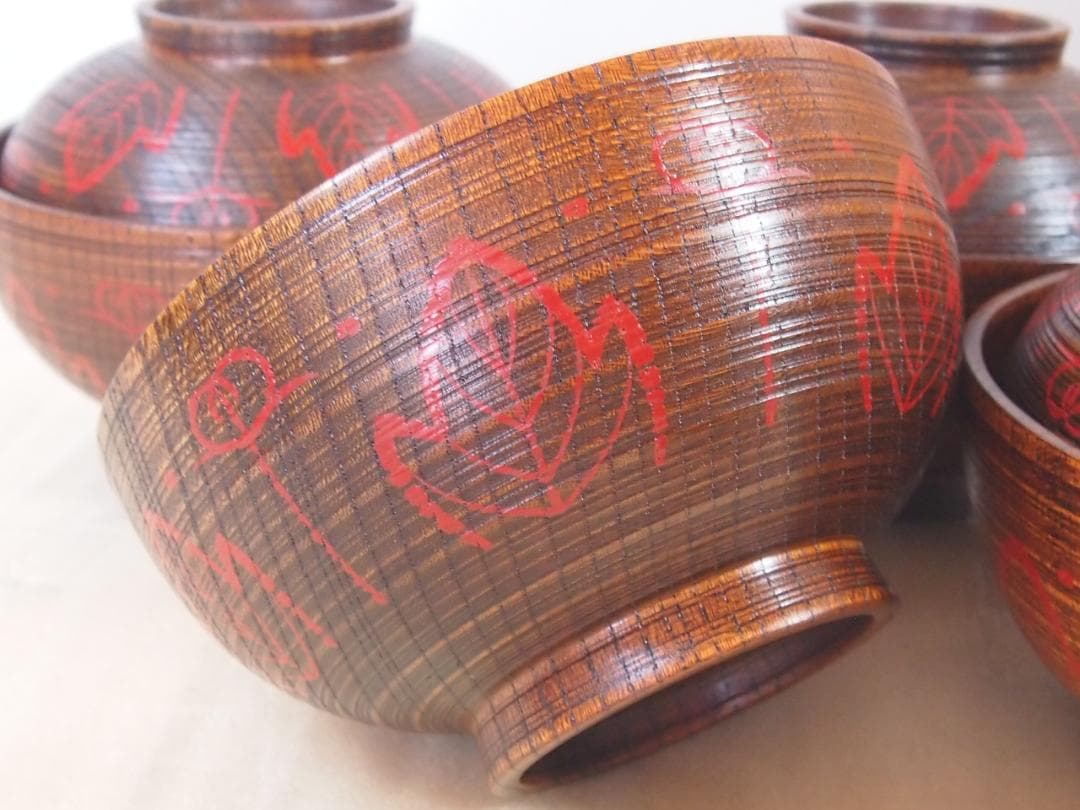 【良品】輪島塗 小崎清人 木地呂 吉野絵 煮物椀 5客 雑煮椀/大椀 漆器/食器