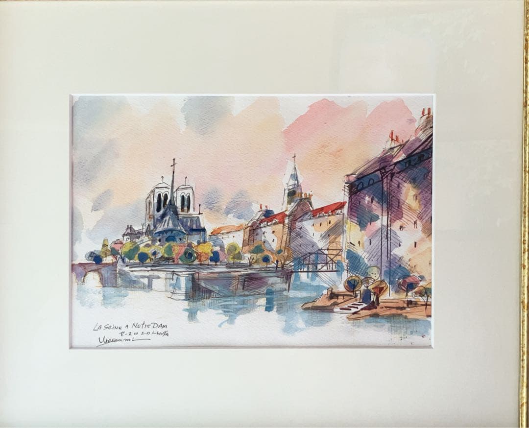 浦上正則【セーヌ川上のノートルダム寺院 】 水彩画、額付き、箱あり