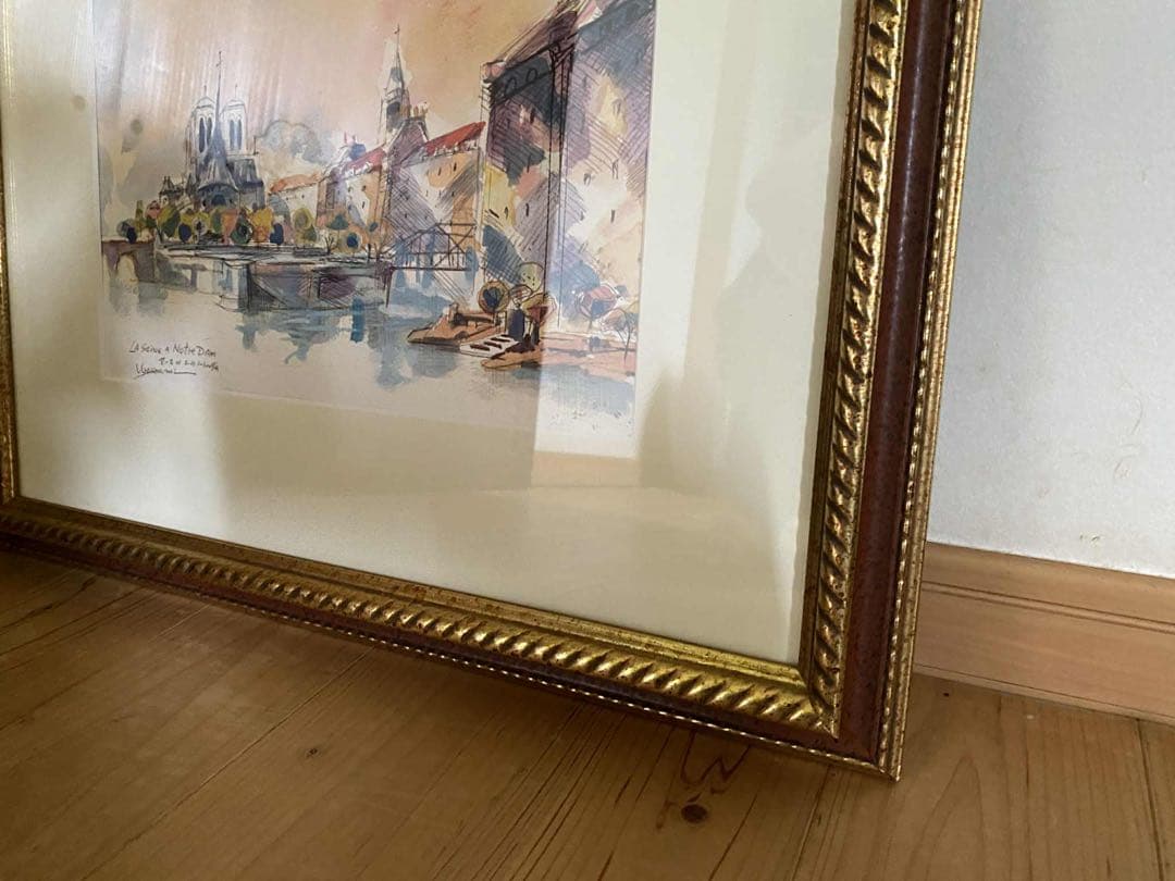 浦上正則【セーヌ川上のノートルダム寺院 】 水彩画、額付き、箱あり