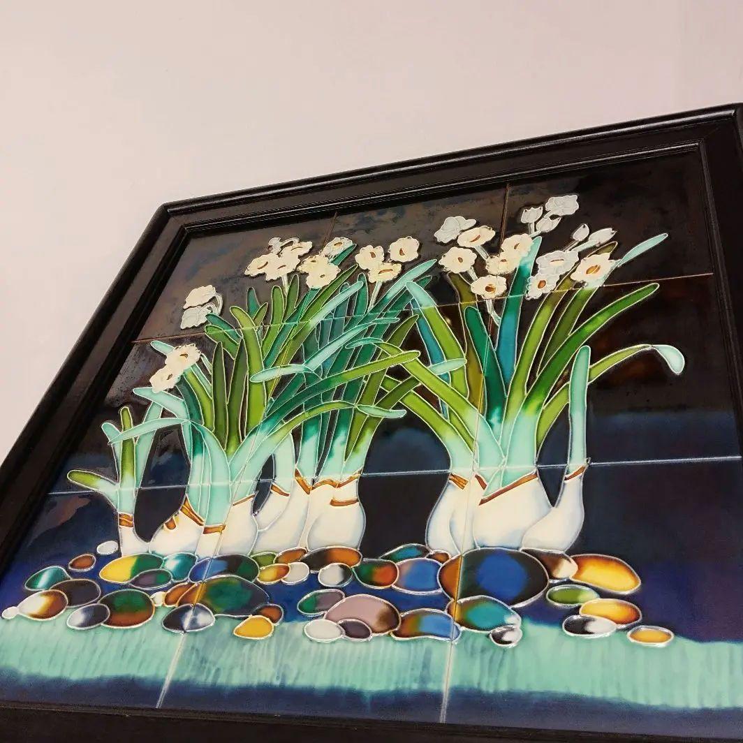 中国美術 唐彩 水仙 陶板 陶額 木製フレーム