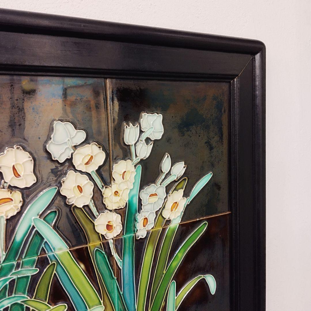 中国美術 唐彩 水仙 陶板 陶額 木製フレーム