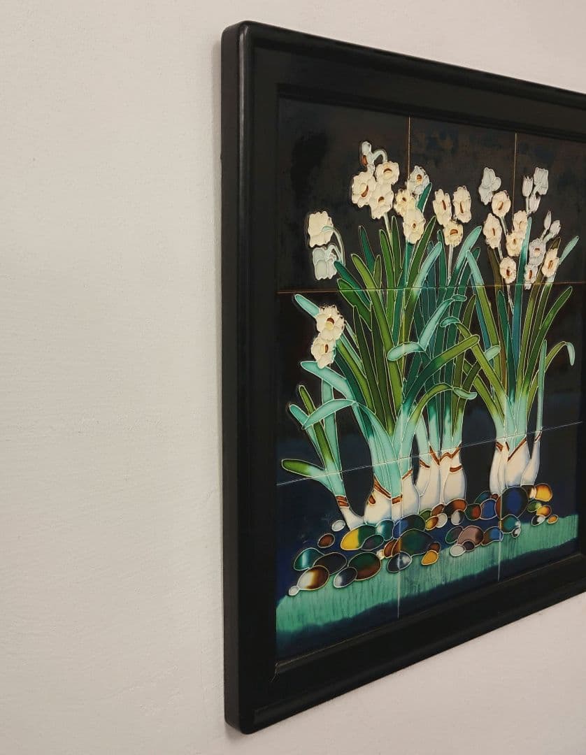 中国美術 唐彩 水仙 陶板 陶額 木製フレーム