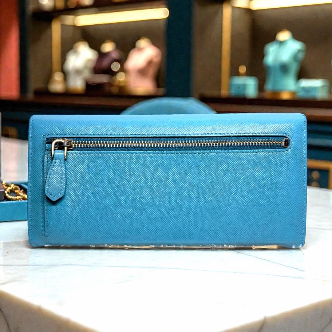 美品 PRADA プラダ サフィアーノレザー 二つ折り 長財布 ターコイズブルー