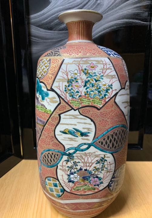 明治九谷焼　庄三　山水人物文瓶　花瓶　カビン花びん