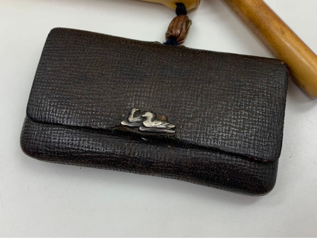 時代物 煙管 キセル 純銀 鳥山水図 煙草入れ たばこ入れ 鴨 緒締 銅地金象嵌