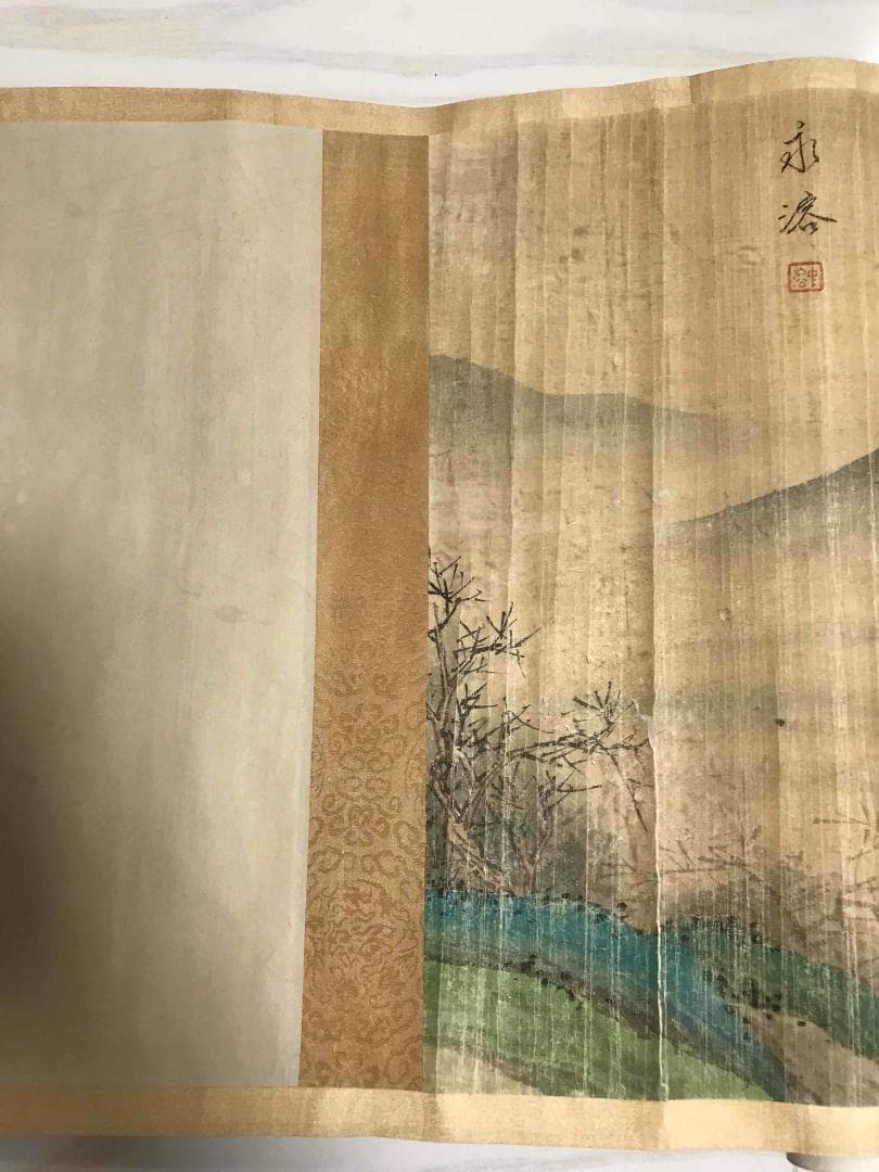 愛新覺羅永溶 作 【茅亭綠陰】 青綠山水畫卷 肉筆真作(S-3)