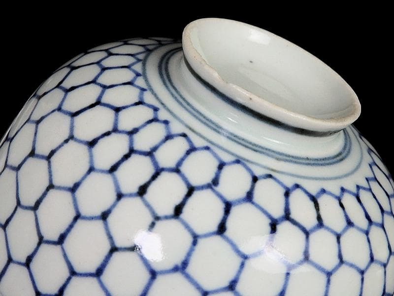 古伊万里　染付　亀甲紋の図　蓋茶碗　江戸期　E212AS-fbip