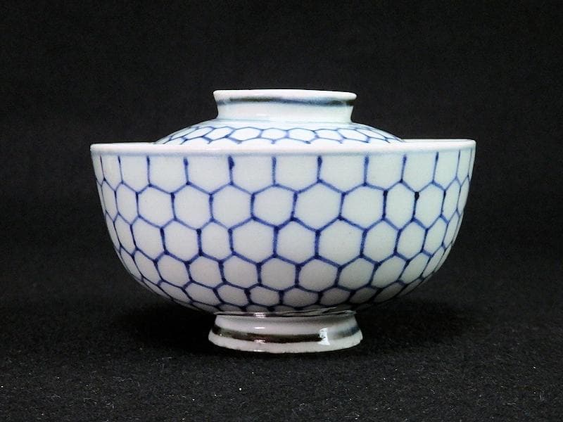 古伊万里　染付　亀甲紋の図　蓋茶碗　江戸期　E212AS-fbip