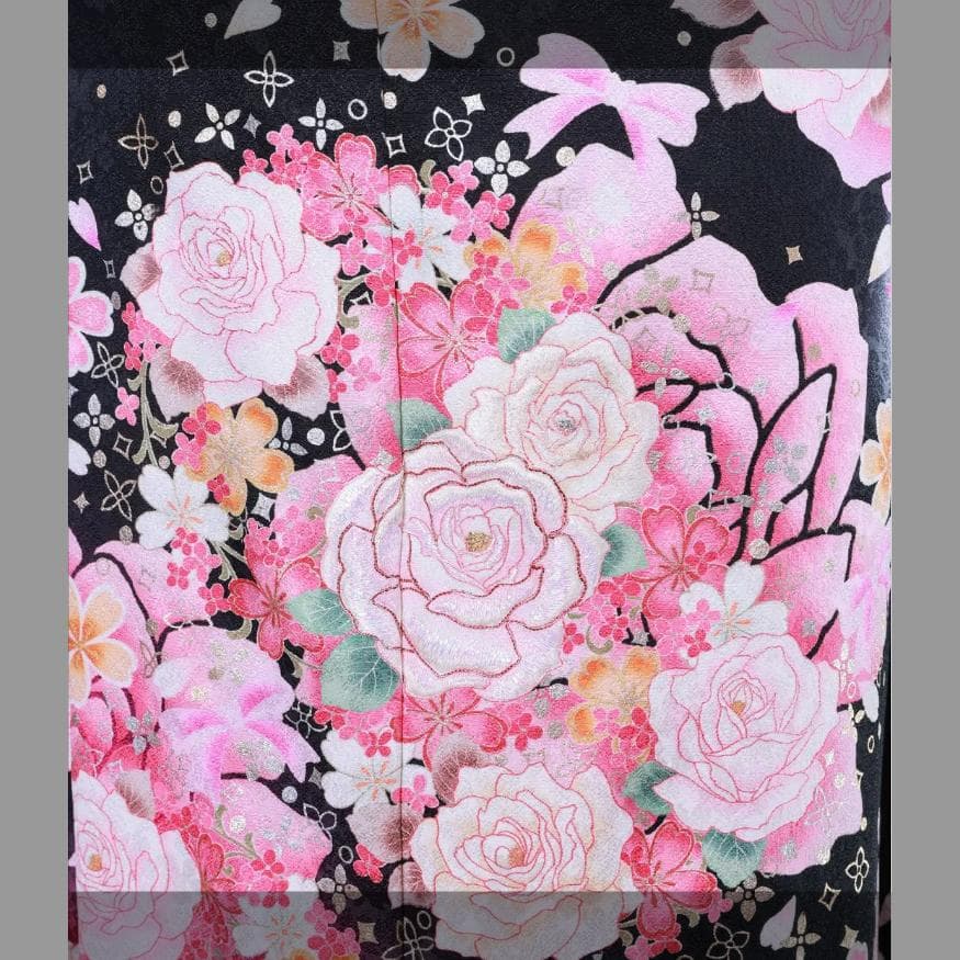 【くみこさま専用】振袖セット　美品　ピンク×黒　バラ　かわいい