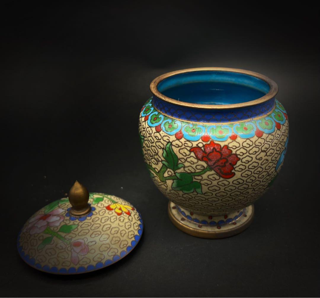 中國美術 古玩 七宝焼 景泰藍 茶葉罐 蓋置 花瓶まとめて 牡丹 梅 蝶々瓢箪
