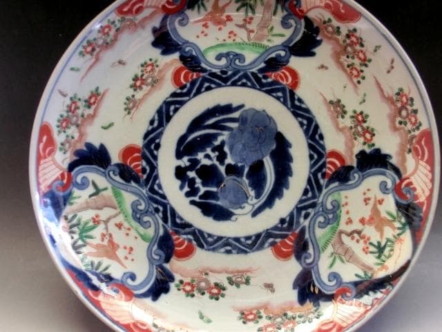 大皿■赤絵錦絵 窓松竹梅 花鳥紋(江戸後期～明治期)古伊万里 時代物 古い骨董■