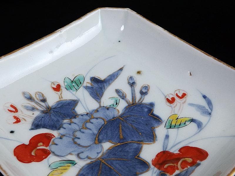 古伊万里　染錦　牡丹の図　角皿　５枚　C590AS- BLz