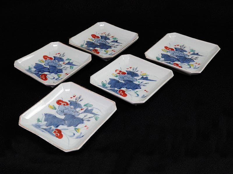 古伊万里　染錦　牡丹の図　角皿　５枚　C590AS- BLz
