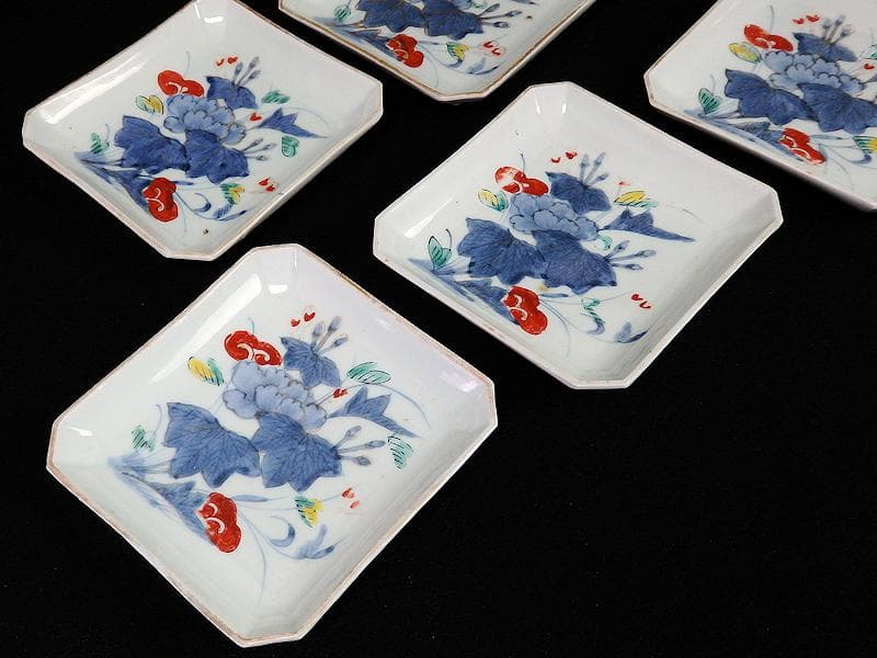 古伊万里　染錦　牡丹の図　角皿　５枚　C590AS- BLz