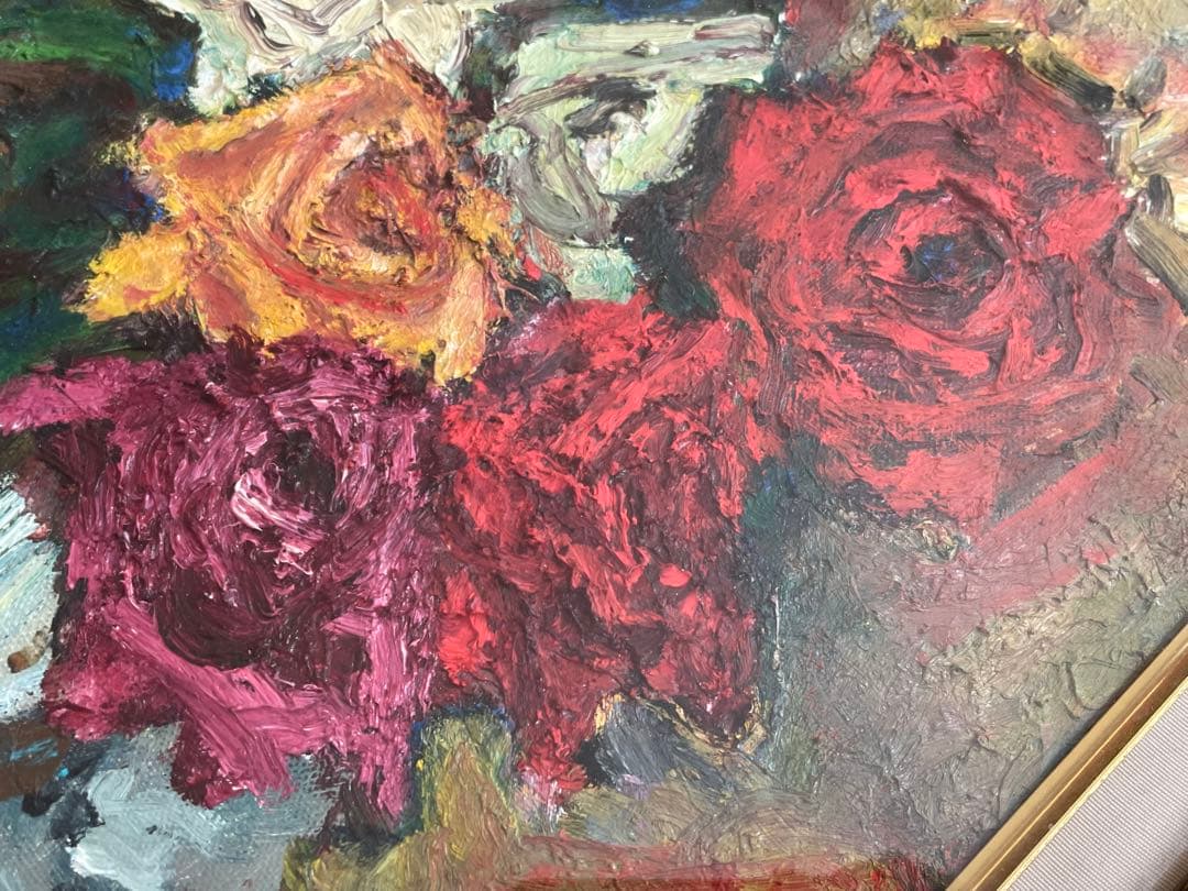 画家　S.INABA 稲葉　作者不明　油彩画　油絵　薔薇の絵　バラ　花瓶　額入