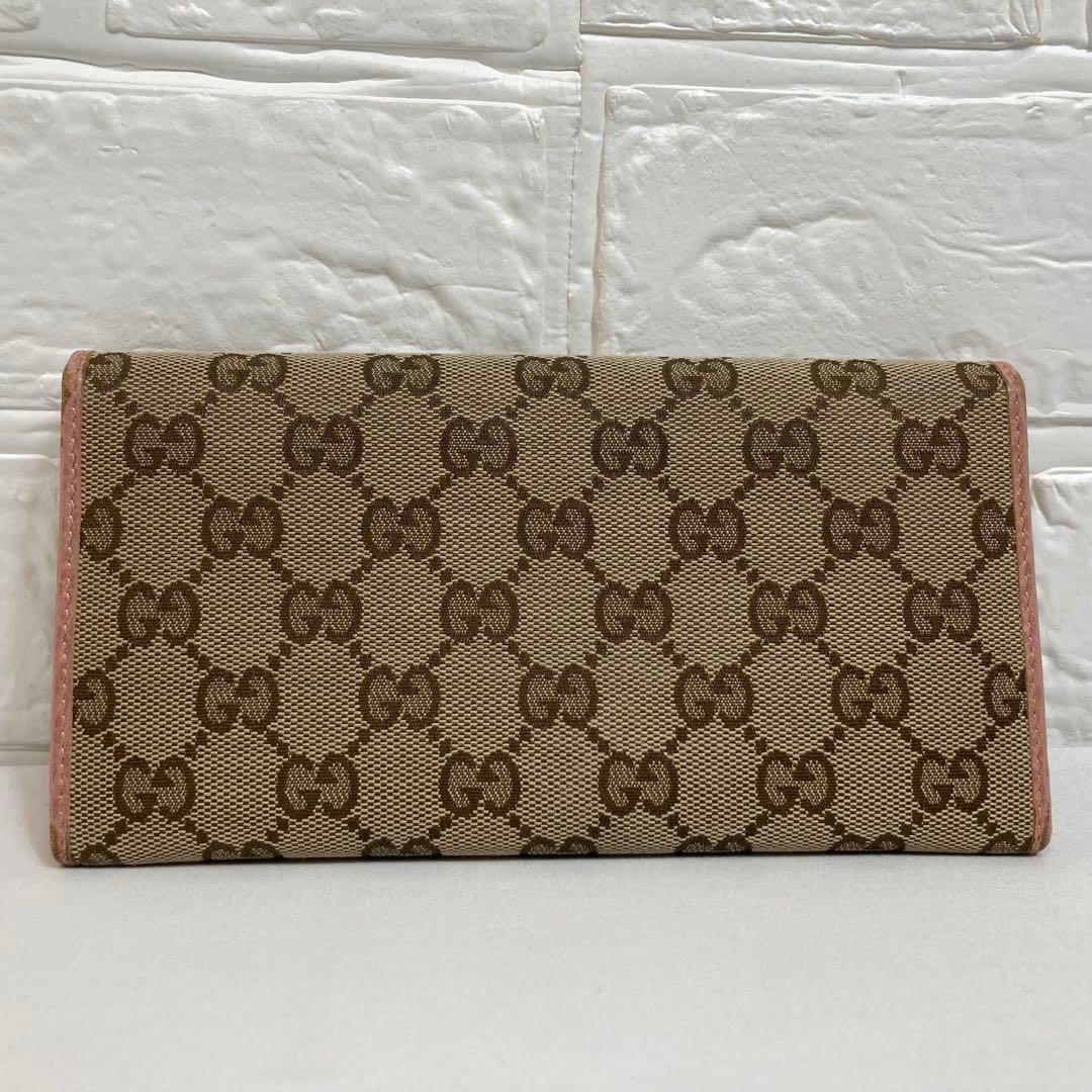 【美品】GUCCI グッチ　GGキャンバス柄 二つ折り長財布 ベージュ×ピンク