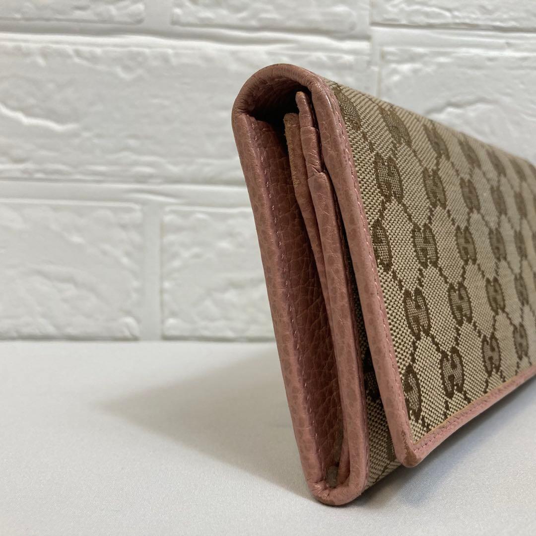 【美品】GUCCI グッチ　GGキャンバス柄 二つ折り長財布 ベージュ×ピンク