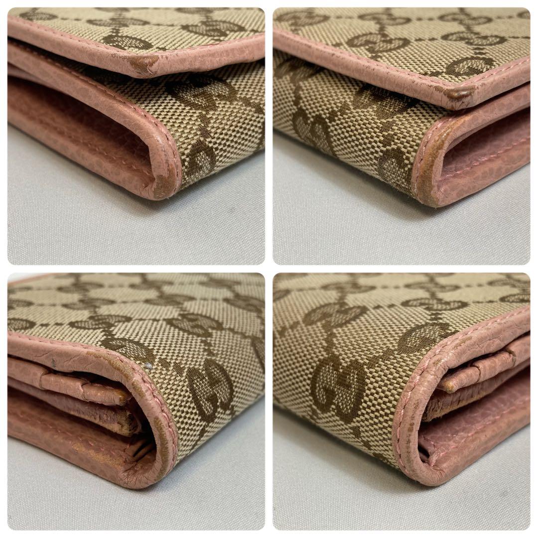 【美品】GUCCI グッチ　GGキャンバス柄 二つ折り長財布 ベージュ×ピンク