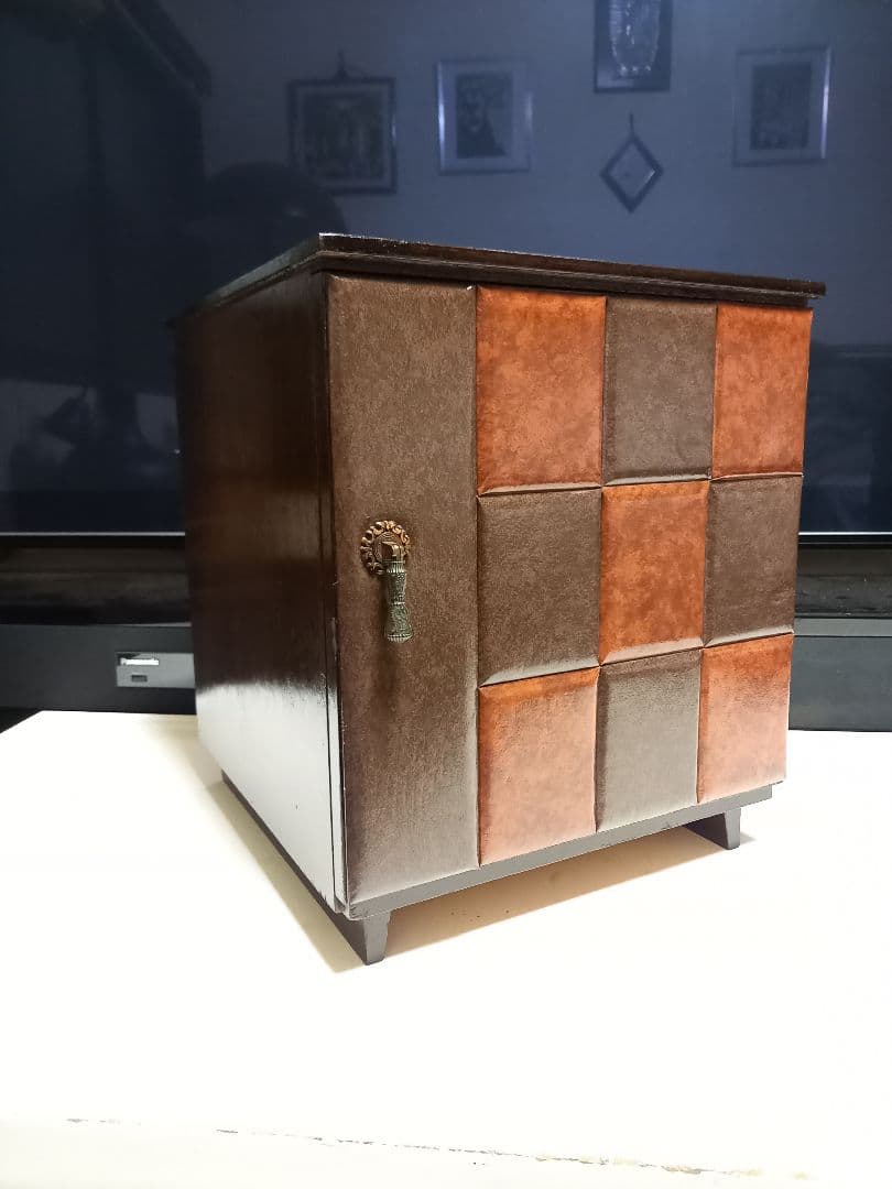 1970's　チェッカー　ブロック　デザイン　ウッド　レコード　キャビネット