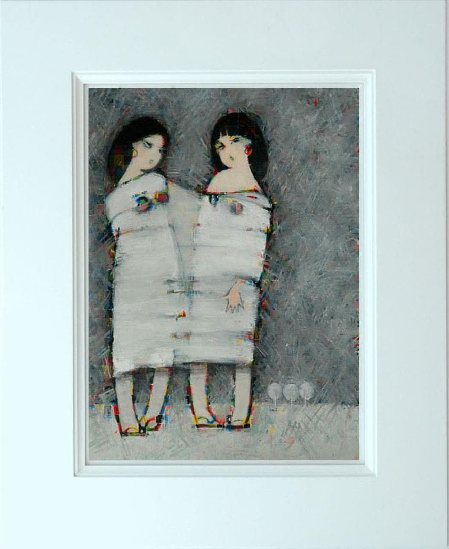 油絵 菅家令子 絵 絵画インテリア額付(青緑＋金色の枠)F6-083211女の子