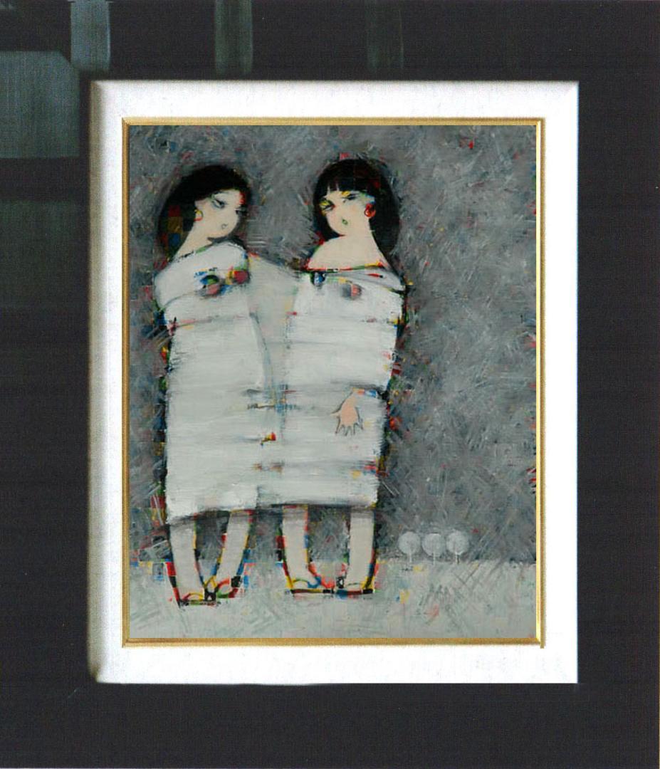 油絵 菅家令子 絵 絵画インテリア額付(青緑＋金色の枠)F6-083211女の子