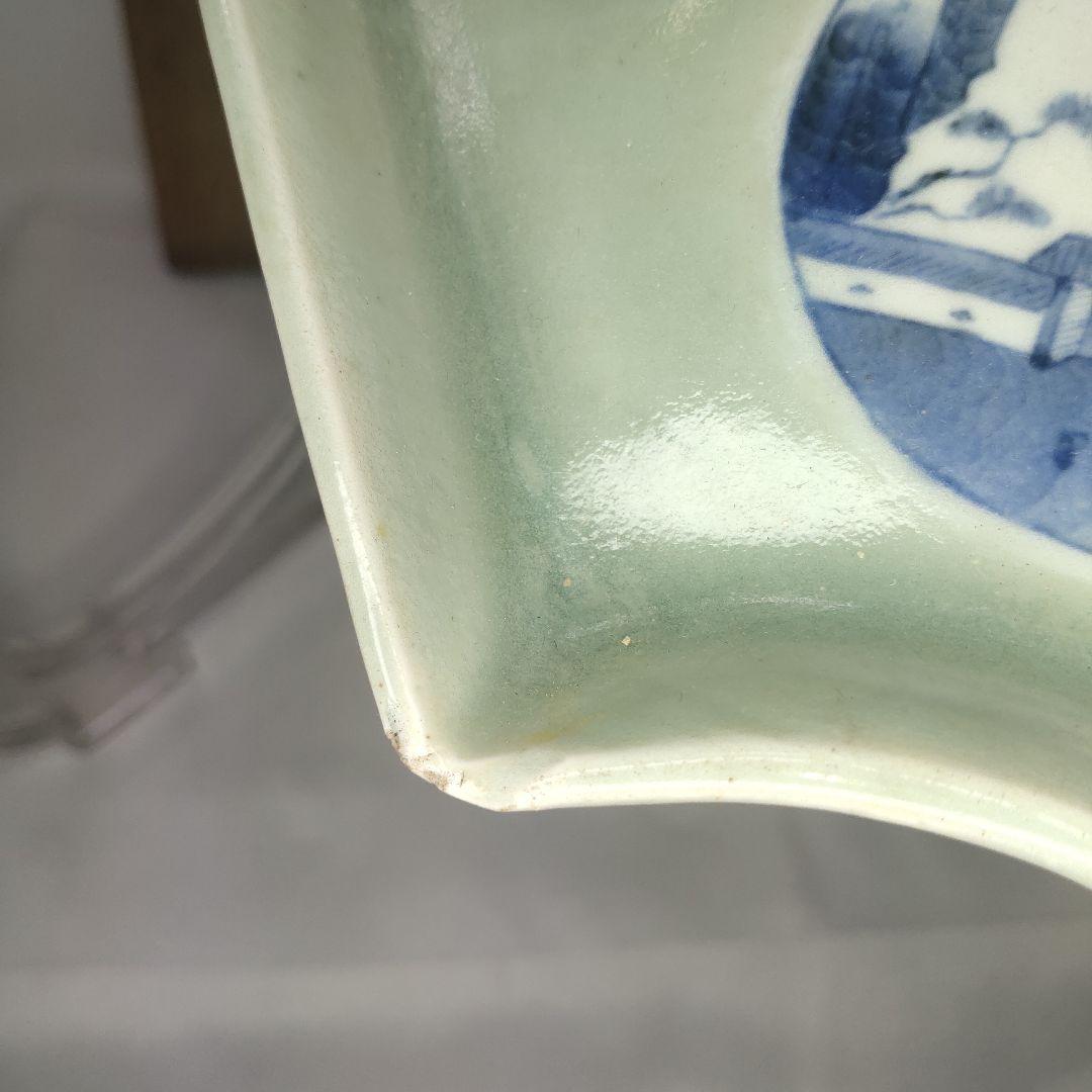 扇型皿 青磁に染付 山水図 幕末骨董 旧家蔵出し コレクター放出美品 古美術品