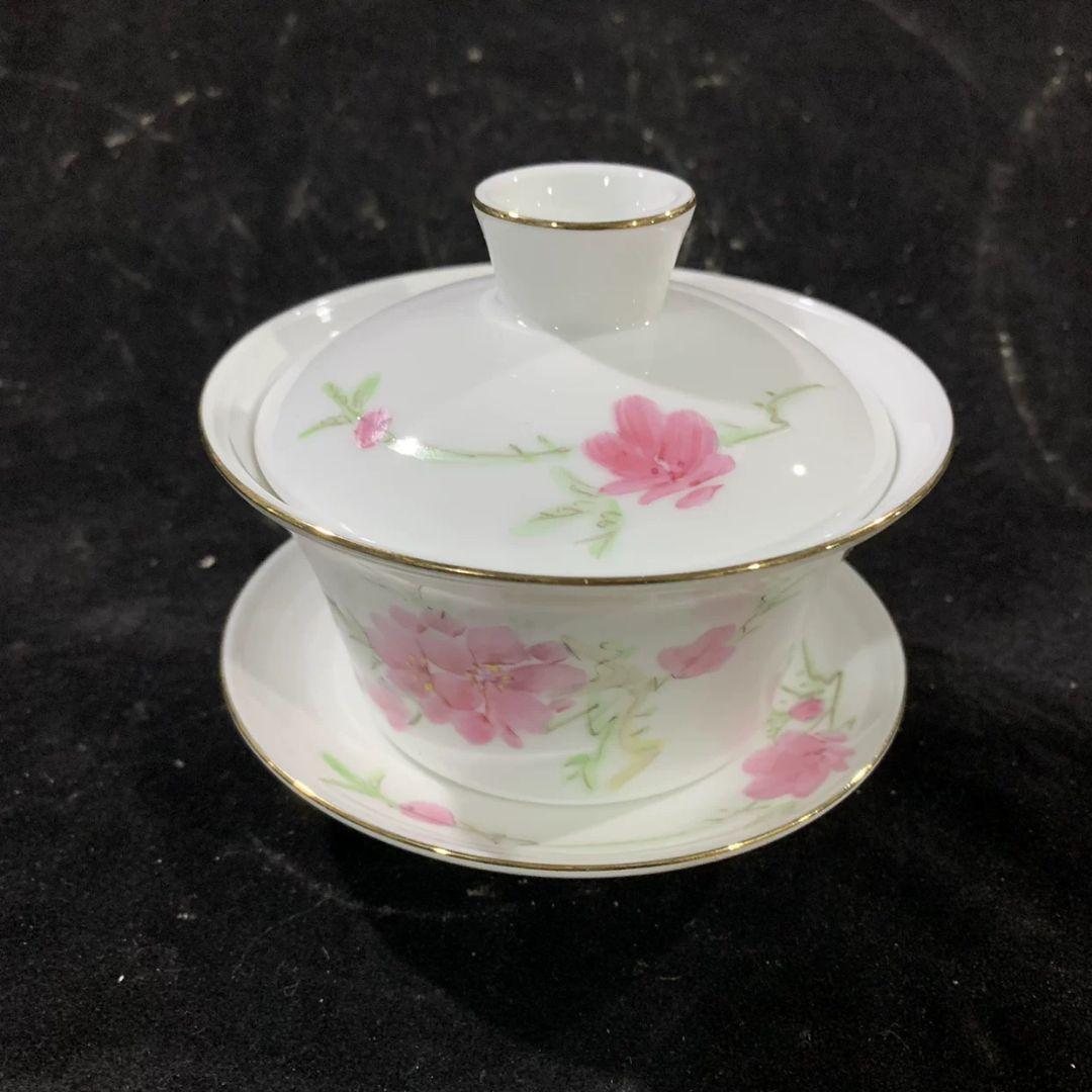 手绘水点桃花描金三才盖碗 中国茶器景徳镇 蓋付き 飲茶食器 煎茶具 未使用品