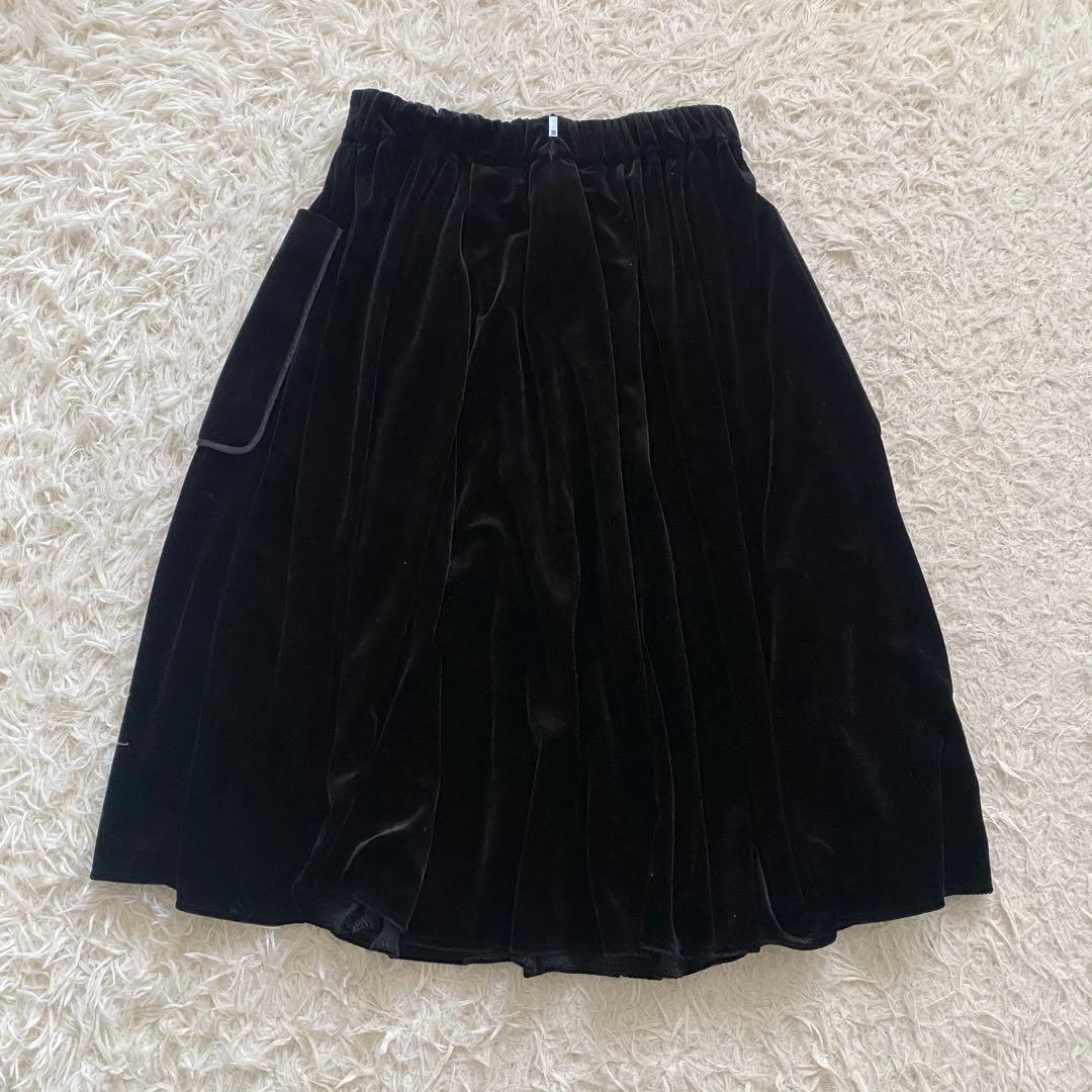 ルネ René ベロア フレアスカート シルク混　ロゴ刺繍 王冠 ブラック S