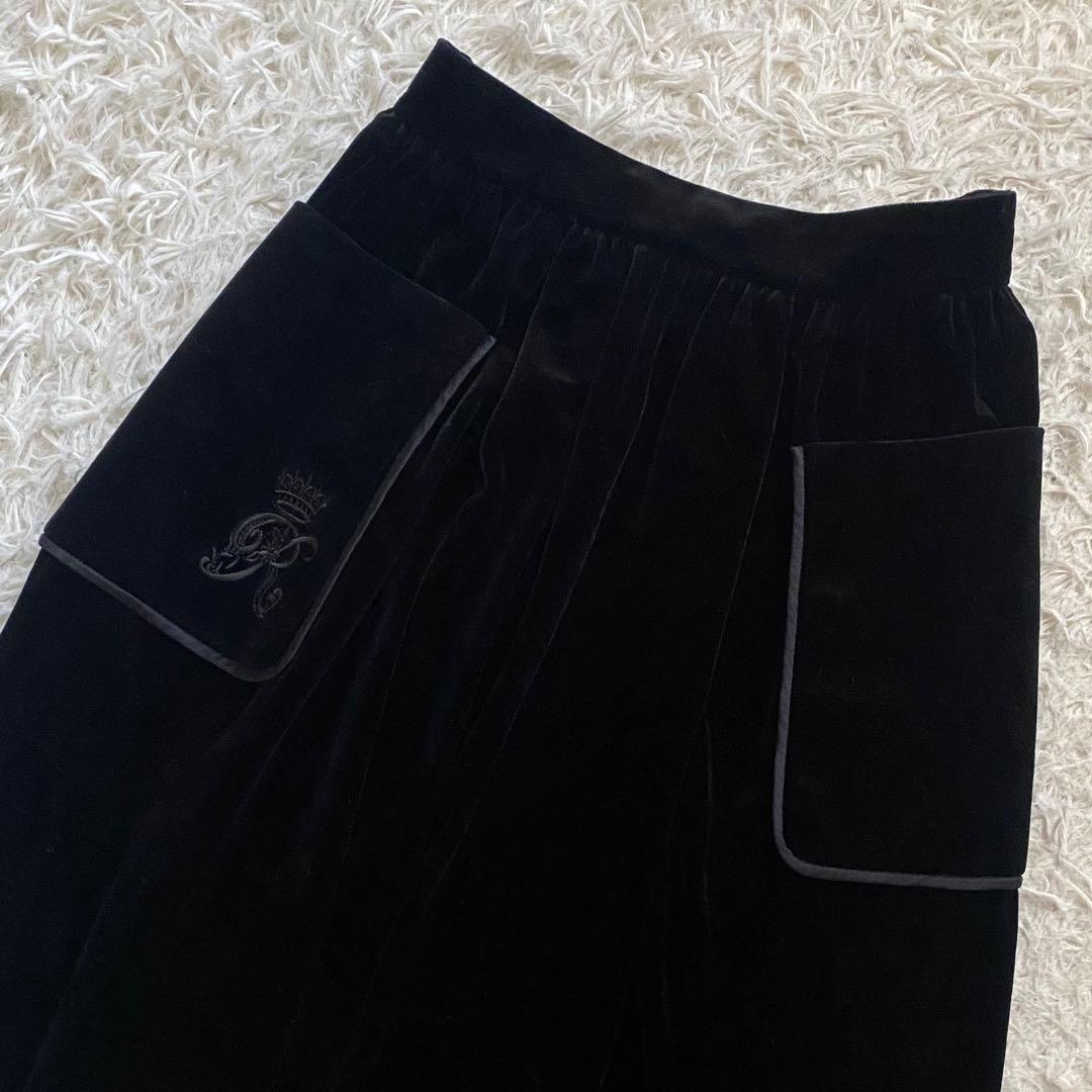 ルネ René ベロア フレアスカート シルク混　ロゴ刺繍 王冠 ブラック S