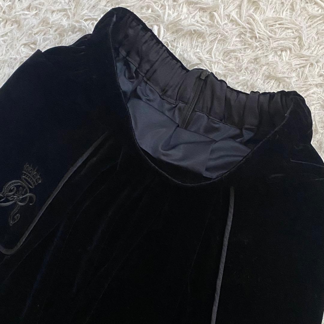 ルネ René ベロア フレアスカート シルク混　ロゴ刺繍 王冠 ブラック S