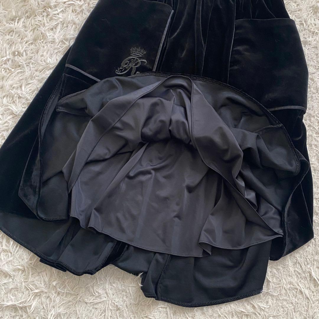 ルネ René ベロア フレアスカート シルク混　ロゴ刺繍 王冠 ブラック S