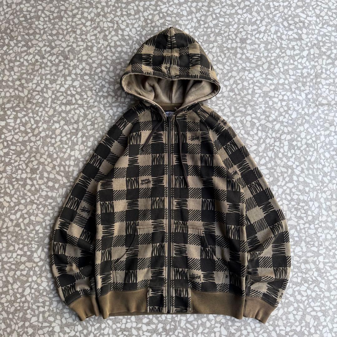 【総柄ジップパーカー】stussyモザイク古着ストリート横ノリユニセックスM.