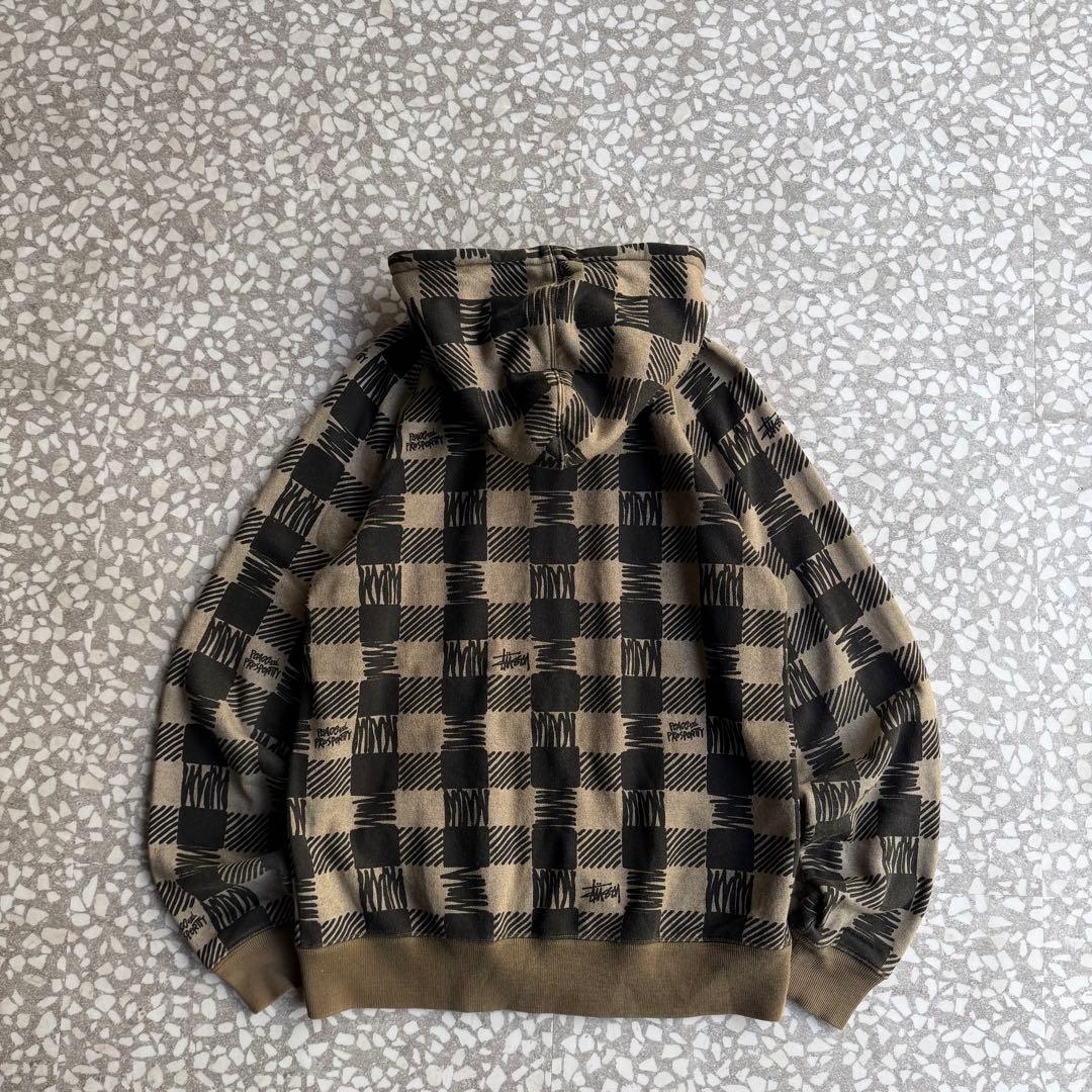 【総柄ジップパーカー】stussyモザイク古着ストリート横ノリユニセックスM.