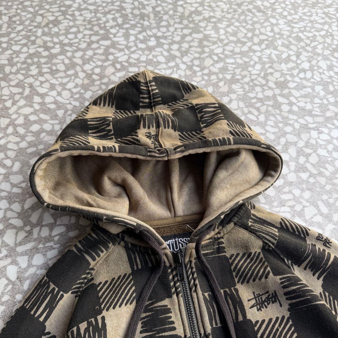 【総柄ジップパーカー】stussyモザイク古着ストリート横ノリユニセックスM.