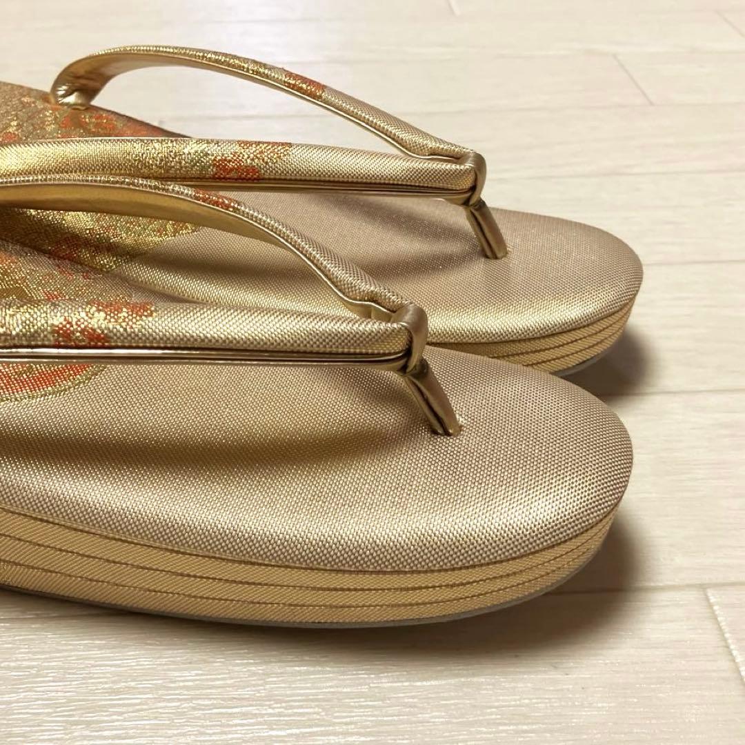 《美品・箱付き》佐賀錦　草履バッグセット　東京芝山　正絹　ゴールド　厚底