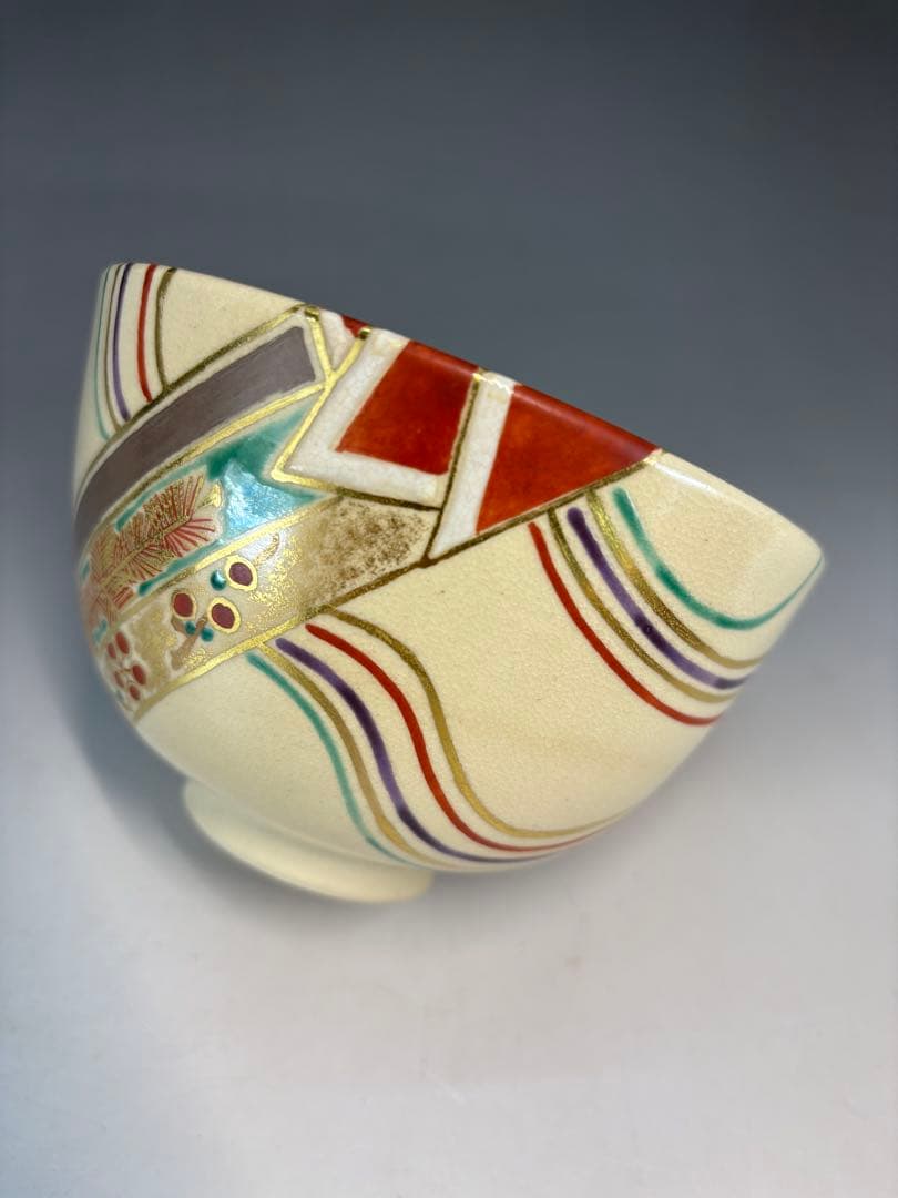 【中古品】久世久宝造　色絵熨斗茶碗　淡々斎書付（共箱）USED〈税込•送料込〉