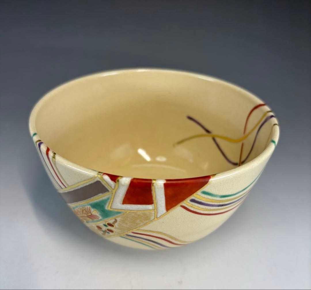 【中古品】久世久宝造　色絵熨斗茶碗　淡々斎書付（共箱）USED〈税込•送料込〉