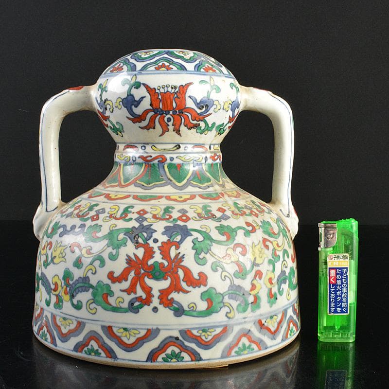 中国　大清乾隆年製　豆彩　花弁文　双耳瓶　V　R7038