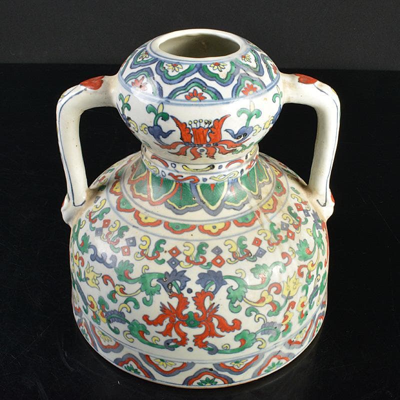 中国　大清乾隆年製　豆彩　花弁文　双耳瓶　V　R7038